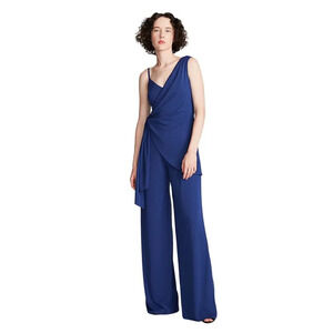 New Halston Zaria Jumpsuit Blue Matte Jersey Asymmetrical Neckline Wide Leg SZ 2